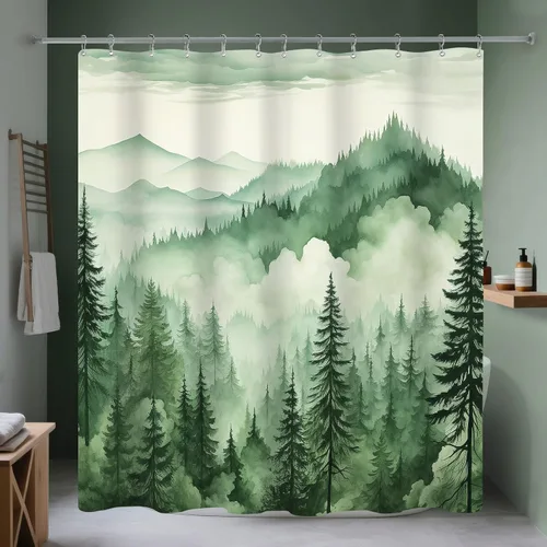 Miniatura 23 de Cortina de ducha pequeña de 36 x 72 pulgadas, cortina de medio tamaño de bosque brumoso, cortina de ducha estrecha mitad negra y blanca de montaña