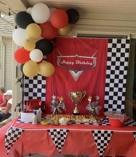 Miniatura 4 de Telón de fondo de coche para fiesta de niño, competición de carreras, fondo de fotografía de 6x5 pies, temática de carreras de automóviles