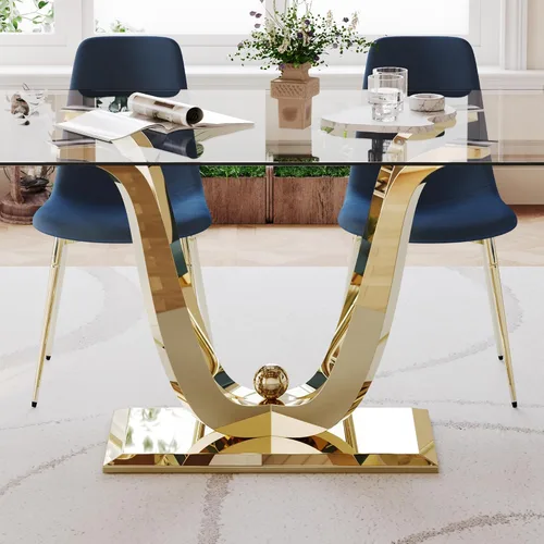 Miniatura 8 de Mesa de comedor de vidrio de 70 pulgadas para 4-8 personas, parte superior de vidrio templado y base de acero inoxidable en U dorada, escritorio