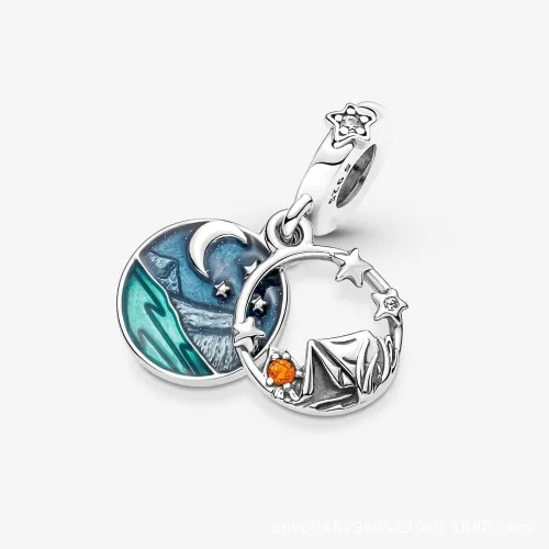 Miniatura 2 de Acampar cielo nocturno doble colgante encanto 925 colgante de plata esterlina, joyería niña cuentas regalos para mujeres pulsera y collar A0109