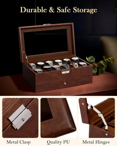 Miniatura 4 de GUKA Caja de reloj, caja de reloj con 12 ranuras, fundas de reloj para hombres con tapa de cristal real, organizador de reloj de cuero sintético