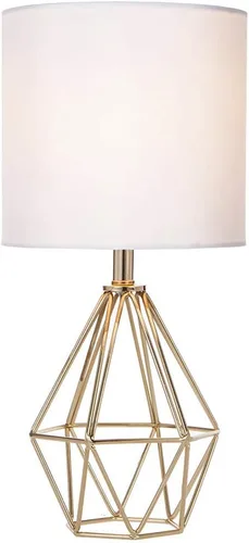 Lámpara de mesa pequeña dorada con base hueca moderna para dormitorio, mesita de noche con base geométrica de metal, pantalla de tela blanca, bonita