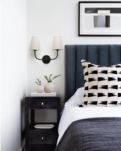 Miniatura 3 de Apliques de pared de 2 luces con embudo de tela de lino, lámparas de pared de doble luz para dormitorio, sala de estar, tocador, baño, pasillo, Negro