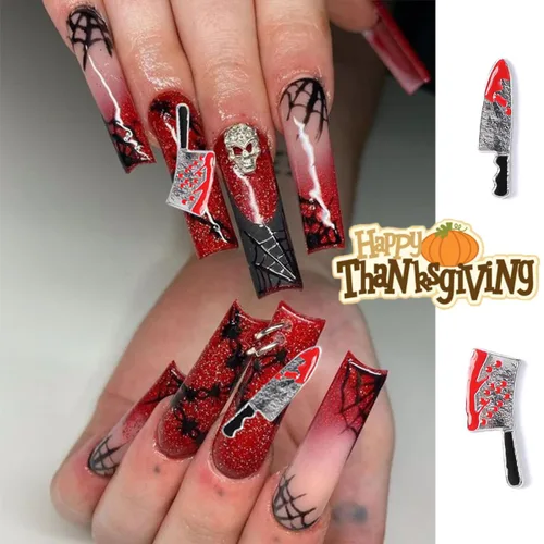 Miniatura 4 de Abalorios de aleación para uñas de Halloween, cuchillo plateado y rojo de terror, gemas de uñas con cuchillo sangriento metálico 3D, dijes de arte