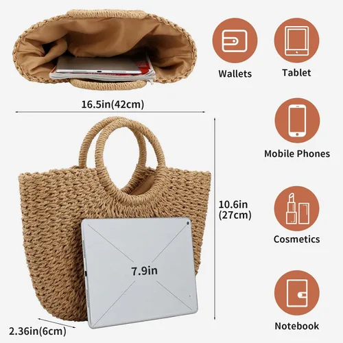 Miniatura 2 de Bolso de playa de verano para mujer, bolso de paja con asa superior, gran capacidad, bolso de viaje tejido a mano, bolso de paja grande