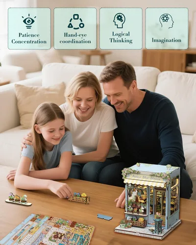 Miniatura 6 de Cutefun - Kit de rincón de libros - Kit de casa en miniatura DIY para adultos y adolescentes, kit de rompecabezas de madera 3D en miniatura con LED