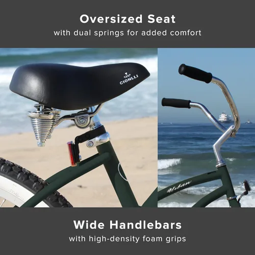 Miniatura 4 de Sixthreezero Urban Lady Beach Cruiser - Bicicleta híbrida de 3 velocidades para mujer Verde militar con llantas rosadas con asiento negro/puños