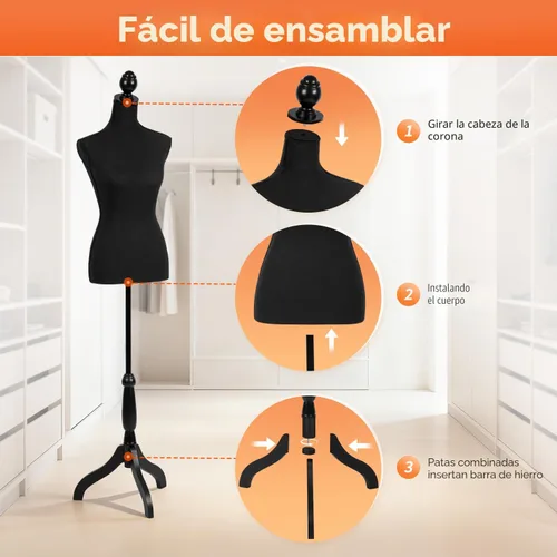 Miniatura 3 de FDW Maniquí 60"-67" de altura ajustable, modelo de vestido femenino, soporte de trípode para exhibición de torso y cuerpo, formas de ropa (negro)