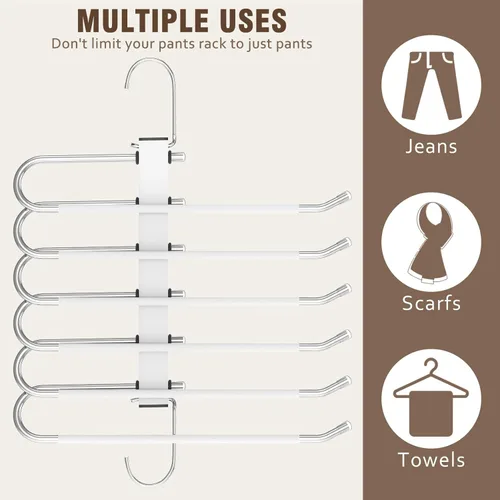 Miniatura 7 de Paquete de 6 perchas para pantalones de 6 niveles que ahorran espacio, paquete de 2 unidades negras y 4 unidades blancas, estante multifuncional