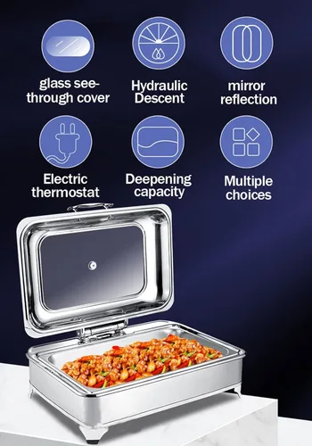 Miniatura 2 de Calentador de alimentos de 9 litros, juego de bufé rectangular con tapa visible de vidrio y control de temperatura, servidores de buffet