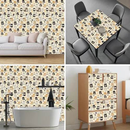 Miniatura 7 de HOMETITUTE Papel tapiz para mascotas mixto color beige, para despegar y pegar, bonito patrón de gato y perro, papel de contacto, papel de pared