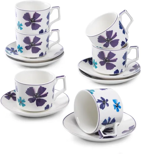 GuangYang Juego de 6 tazas de té de 7 onzas, diseño de flores de color elegante (porcelana duradera para té caliente, café, café con leche,