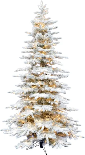 Fraser Hill Farm - Árbol de Navidad preiluminado Mountain Pine de 6.5 pies, con luces inteligentes incandescentes blancas, muy nevado, follaje