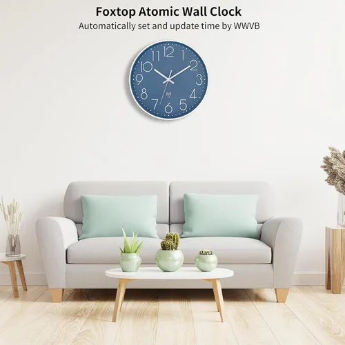 Miniatura 2 de Foxtop Reloj de pared atómico que funciona con pilas, redondo, analógico, moderno, juego automático para oficina, aula, dormitorio, cocina, sala