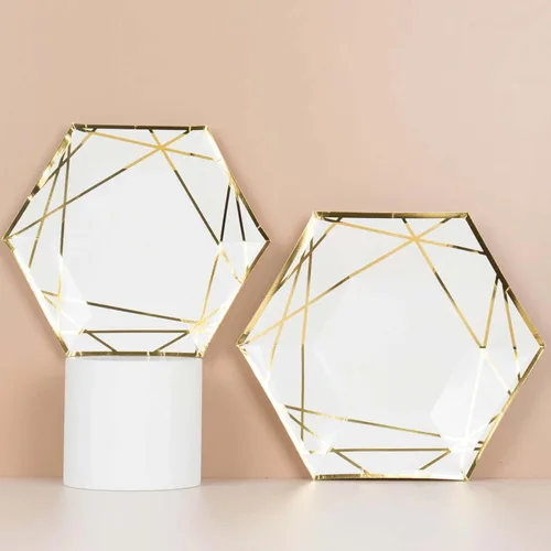Miniatura 5 de Efavormart - Paquete de 25 platos hexagonales de papel blanco y dorado de 7 pulgadas, platos geométricos rígidos para postres y aperitivos