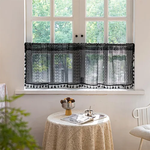Miniatura 7 de Deeprove - Cenefa de cortina bohemia negra de 18 pulgadas de largo para cocina y cafetería, cortina corta bohemia de encaje transparente de crochet