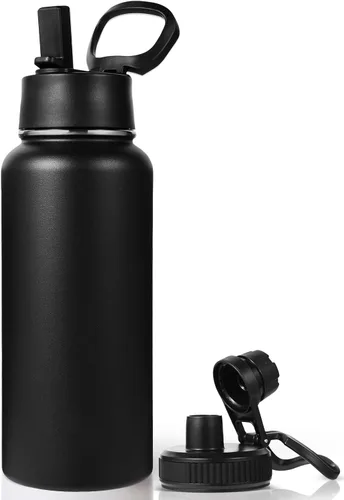 Neihepal Botella de agua aislada de 32 onzas con 2 tapas (tapa con pajilla y boquilla), botellas de agua de doble pared de acero inoxidable 18/8