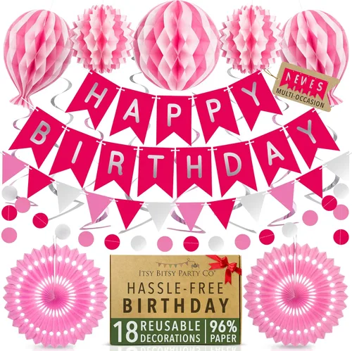 Decoraciones de feliz cumpleaños reutilizables de alta calidad para mujeres y niñas, decoraciones de fiesta rosa, pancarta para múltiples ocasiones,