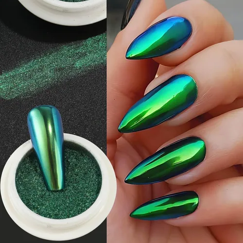 Miniatura 5 de Polvo de uñas cromado camaleón, 4 piezas de pigmento mágico con purpurina para uñas con esponja metálica para frotar polvo Y2K, efecto galaxia
