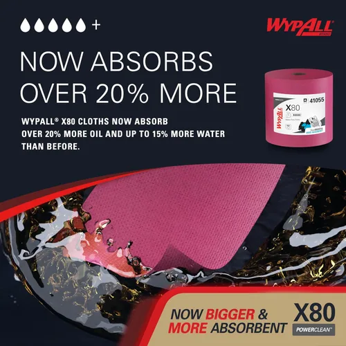 Miniatura 4 de WypAll PowerClean X80 - Toallitas resistentes (41055), Jumbo, toallas de uso prolongado, color rojo (1 rollo de 455 hojas, 455 hojas en total)