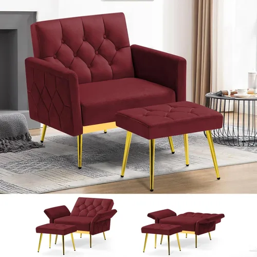 Miniatura 12 de Silla decorativa de terciopelo con reposabrazos y respaldos ajustables, sofá individual copetudo con otomana, silla de lectura tapizada para sala