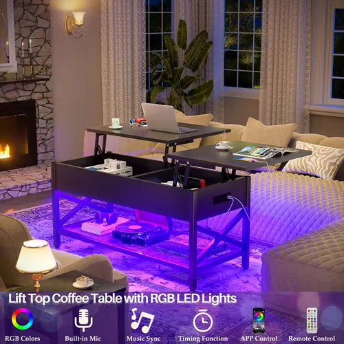 Miniatura 3 de Aheaplus Mesa de Centro Elevable Negra con Luz LED, Tomas de Corriente y Estante de Almacenamiento, 41.7"An x 19.69"L x 19.7"Al