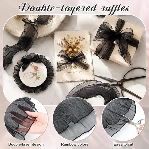Miniatura 3 de Ganeen Cinta iridiscente plisada con volantes de 16 yardas, color negro, doble capa de medusas, organza con volantes, tela de encaje de tul retro