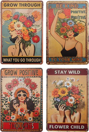 4 letreros de metal vintage de estaño, bohemios, inspiradores, decoración de pared, póster de metal hippie con flores, carteles retro para regalos,