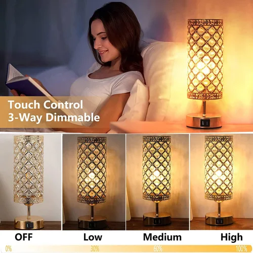 Miniatura 2 de Lámpara de mesa de cristal, lámpara de escritorio regulable K9 con control táctil, lámpara decorativa de cristal K9 con 2 puertos de carga USB