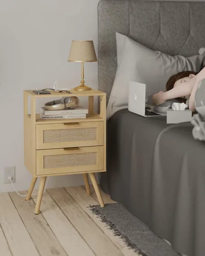 Miniatura 7 de Veegle - Mesita de noche de ratán con estación de carga, mesa de noche moderna con 2 cajones de almacenamiento y estante de madera abierta