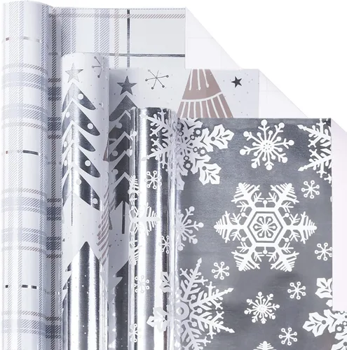 Miniatura 10 de LeZakaa Mini rollo de papel de regalo de Navidad, diseño de campana y árbol/bastones de caramelo/copos de nieve, blanco y negro, para envolver