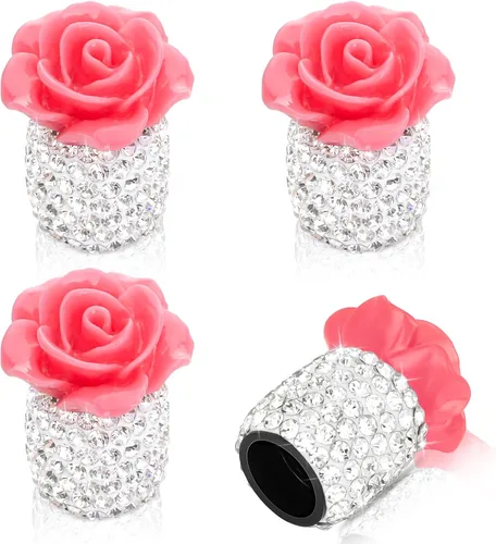 Miniatura 8 de Tapas brillantes para válvula de neumático 4 Pack, tapas de válvula de neumático con flores de rosa, cubiertas universales de vástago con diamantes