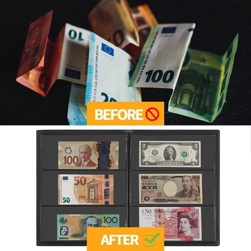 Miniatura 5 de Soportes para billetes de dólar para coleccionistas, álbum de divisas con 10 hojas de fundas para billetes de dólar, 60 bolsillos para Página negra