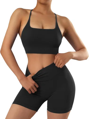 Miniatura 2 de RXRXCOCO Conjuntos de entrenamiento para mujer, 2 piezas, conjuntos de yoga acanalados, sin costuras, cintura alta, pantalones cortos con brasier
