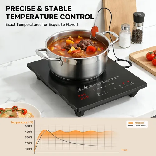 Miniatura 3 de AMZCHEF Placa de Cocción de Inducción Portátil: Quemador de Inducción de 74 Niveles de Temperatura con Sonda Digital, Quemador de Encimera de 1800W