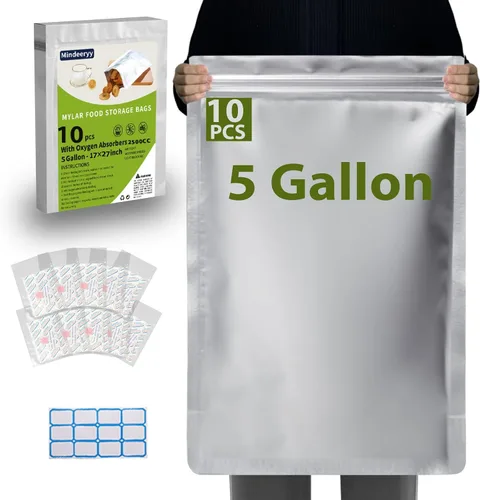 10 bolsas de Mylar de 5 galones para almacenamiento de alimentos con absorbentes de oxígeno de 2500 cc y etiquetas, extra gruesas de 10 mil a 17 x