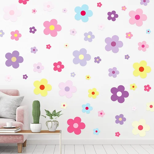 Miniatura 7 de TaoBary 288 piezas de calcomanías de pared Y2k con bonitas flores, coloridas calcomanías florales de pared de vinilo para despegar y pegar