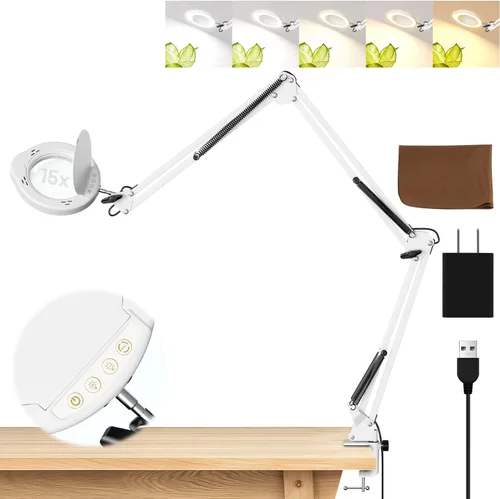 Miniatura 10 de 15X Magnifying Glass with Light and Clamp, 84 LED Hands-Free Lighted Magnifying Glass with Clamp, 3-Section Arm 5 Color Modes Dimming LED Desk