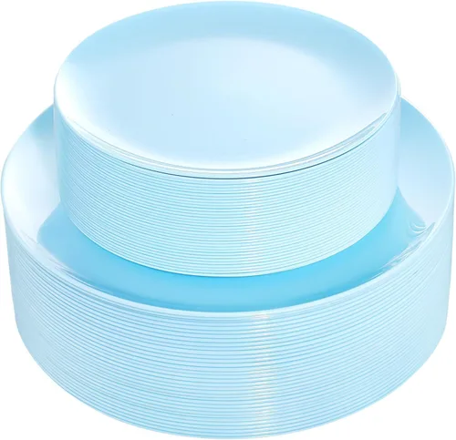 Miniatura 15 de KIRE 175 platos de plástico azul con borde plateado y cubiertos desechables con mango azul y tazas de borde plateado, servilleta de mano y vajilla