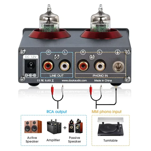 Miniatura 3 de Douk Audio T4 PRO Preamplificador de Fono de Tubo de Vacío, Preamplificador de Tocadiscos MM, GE5654 Amplificador de Auriculares Hi-Fi para Cine