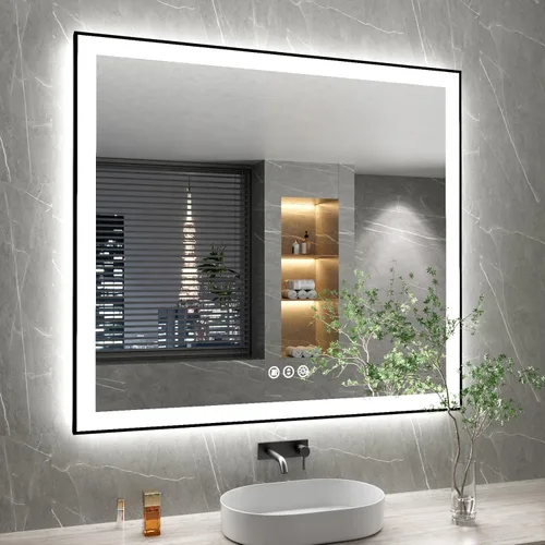 Miniatura 55 de Espejo de baño LED de 60x36 pulgadas con marco negro, espejos de baño retroiluminados y con luz frontal para pared, antiempañamiento, regulable