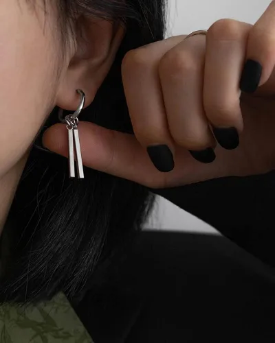 Miniatura 4 de Aretes colgantes minimalistas de doble barra pequeña de aro pequeño para hombres, mujeres, niños y niñas, dijes de acero inoxidable 316L, aros