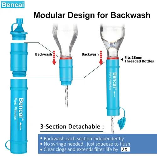Miniatura 3 de Filtro de agua portátil con pajita de 4 etapas y ultrafiltración de 0.1 micras 3 secciones desmontables para fácil retrolavado para exteriores
