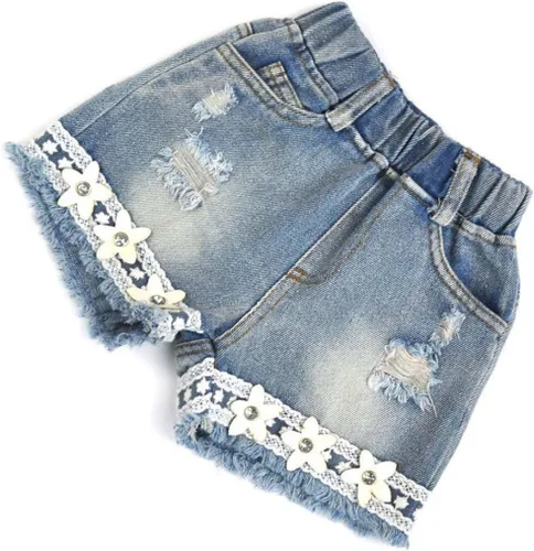 Miniatura 5 de Conjunto de ropa de chaleco de gasa con perlas y pantalones cortos de mezclilla para bebés de 2 a 7 años