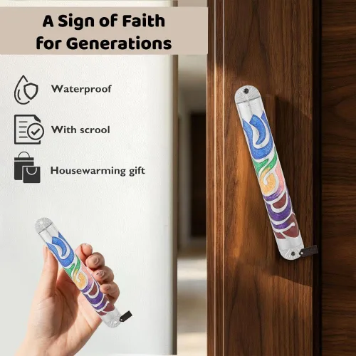 Miniatura 7 de Matashi Esmalte azul pintado a mano de 6 pulgadas Mezuzah adornado con espinilla hebrea, decoración de pared para puerta del hogar, decoración