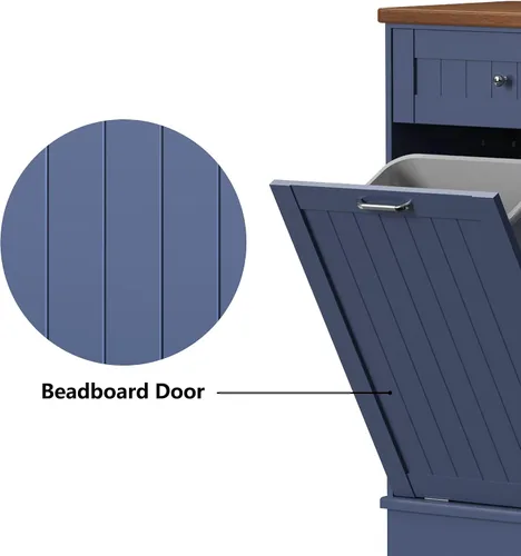 Miniatura 5 de TOLEAD - Gabinete de basura extraíble, isla de cocina estilo antiguo con tablero de perlas, superficie de madera maciza y cajón, gabinete de Azul