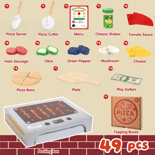 Miniatura 3 de WOODMAM Montessori - Juego de juguetes de pizza, comida realista con caja de horno, juguetes educativos de aprendizaje para niños en edad preescolar