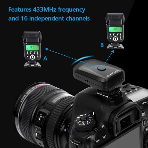 Miniatura 5 de Juego de disparadores de flash, 433 MHZ 16 canales Speedlite Studio Shutter Release Transceptor Kit con 1 transmisor 3 receptores 1 cable
