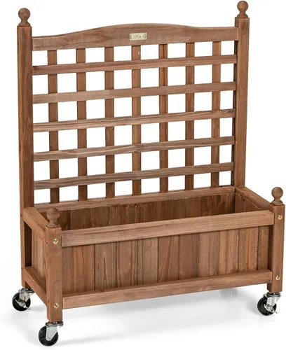 Miniatura 8 de Giantex Cama elevada móvil para plantas, maceta de madera con enrejado y ruedas, caja de flores para escalada de plantas, jardín vertical