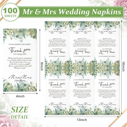 Miniatura 2 de Yeaqee Paquete de 100 servilletas de boda, 2 capas de Mr & Mrs para cena, servilletas doradas para recepción, toallas decorativas desechables